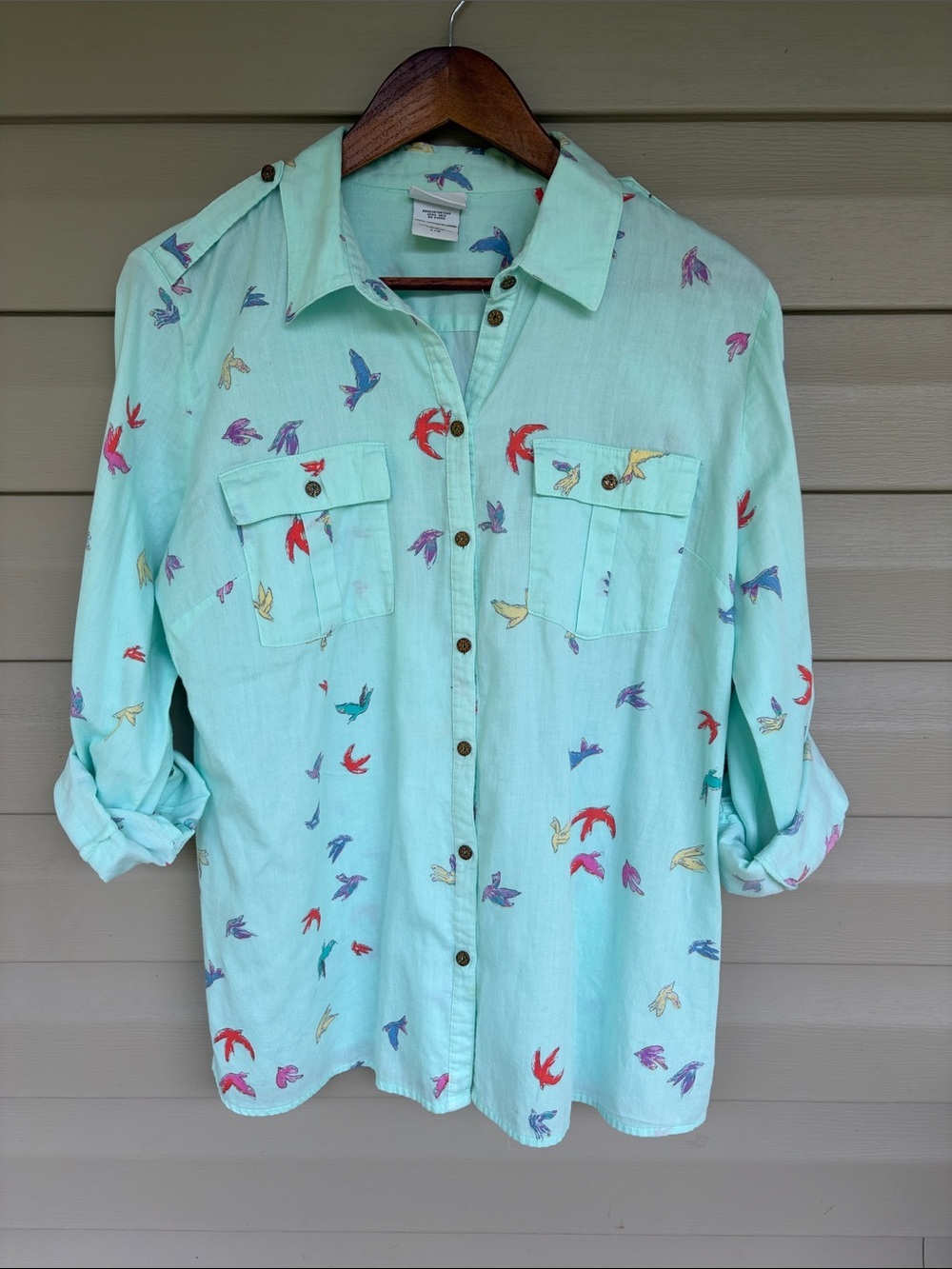 Jaclyn Smith Mint Green Bird-Print Button Shirt